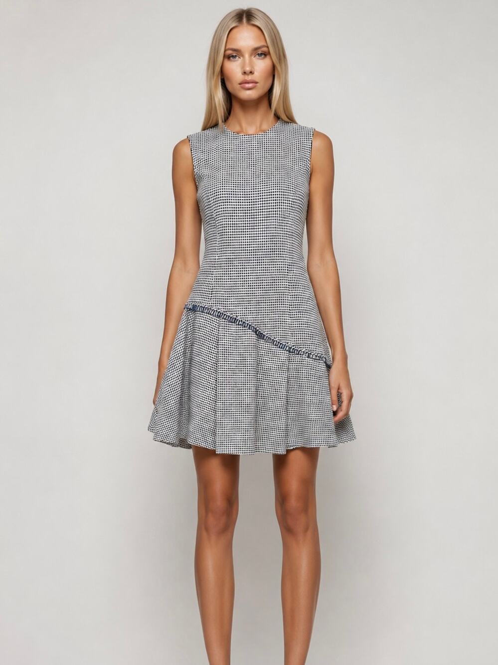 ADEAM Tweed Dress Sleeveless Plaid Fringe Trim Asymmetric Mini Dress Preppy